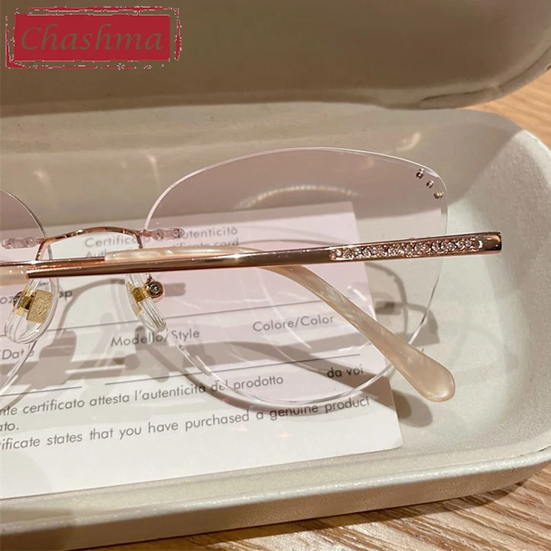Chashma Cat Eye Fashion Women Rimless Prescription Ready Eyeglasses Titanium Lightweight Diamond Trimmed Eyewear Flexible Frame