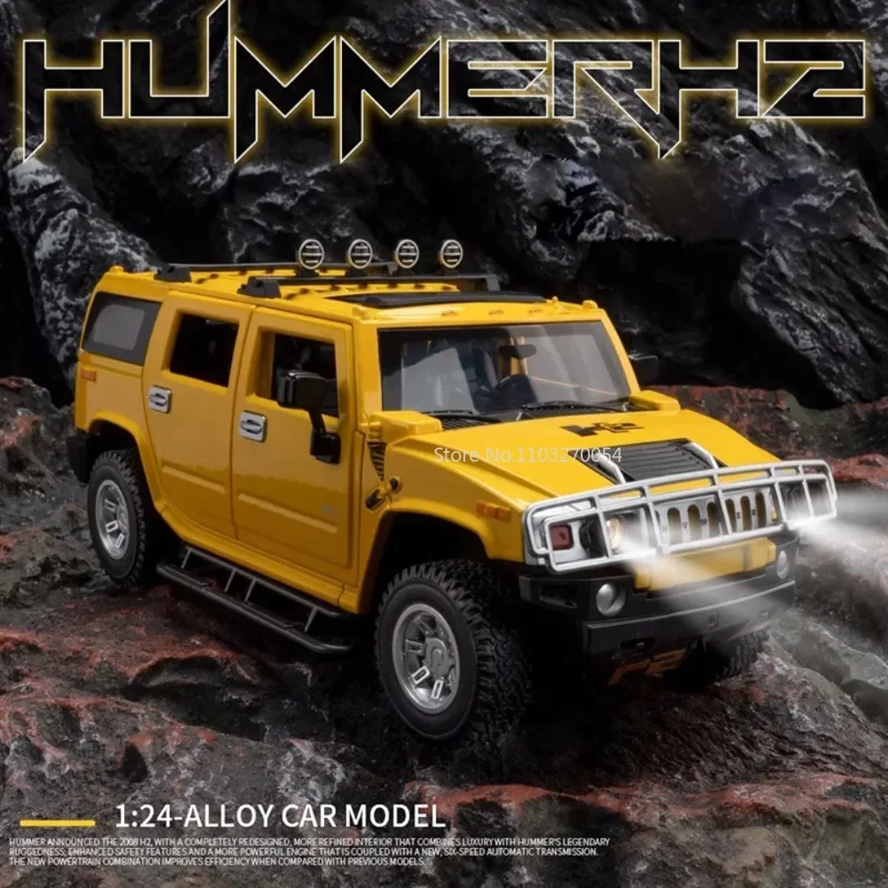 1/24 Hummer H2 Off-Road Alloy Model Car Toy Diecast With Pull Back Sound Light Rear Wheel Suspension Function Vehicle Kids Gifts