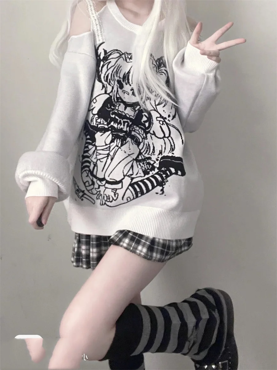 Ruibbit New Arrivals Japanese Kawaii White Harajuku Style Sweater Women Off Shoulder V-Neck Y2k