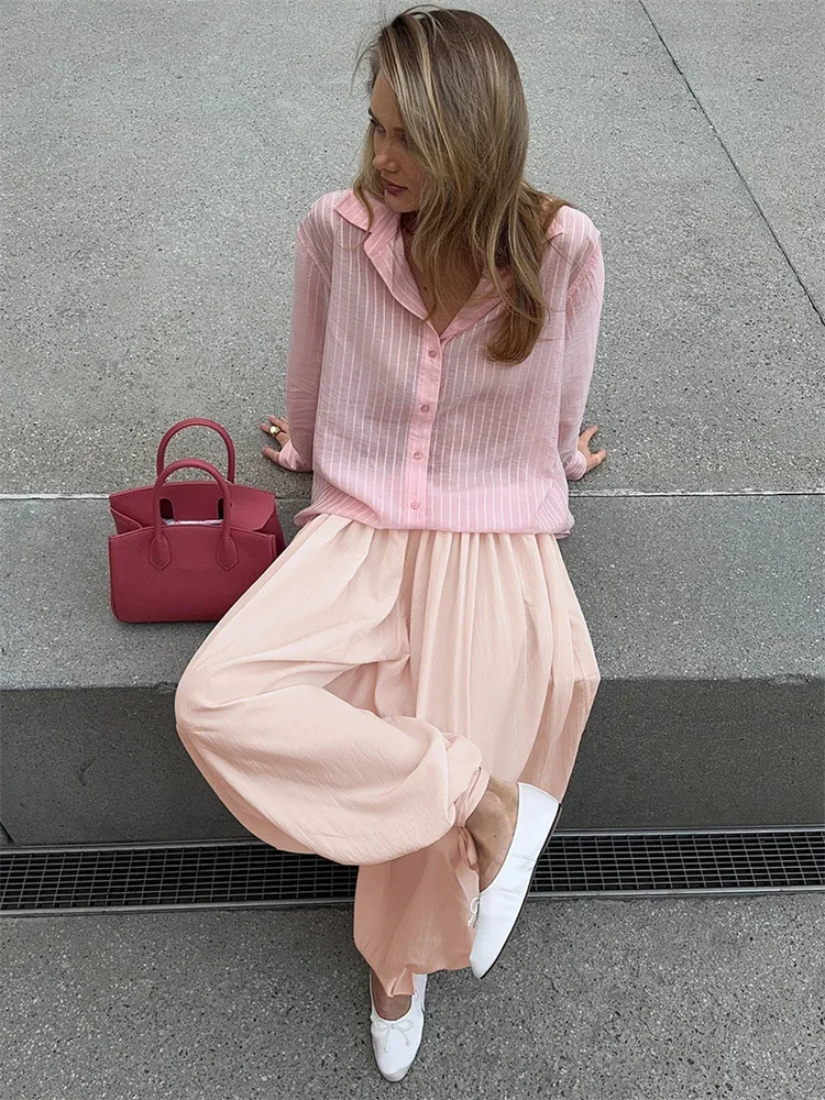 Casual Lace-Up Wide Leg Trousers For Women See-Through Loose High Waist Solid Autumn Flared Trousers Women's Pants 2025