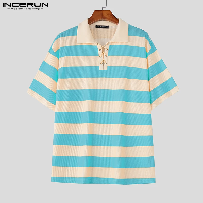 

INCERUN Мужская полосатая футболка с лацканами и коротким рукавом в корейском стиле, летняя уличная одежда, мужские футболки, свободные модные повседневные мужские футболки