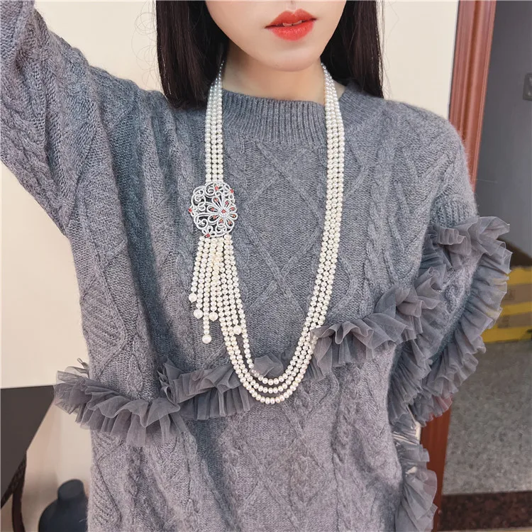 

3 Rows 6-7mm 28-32" Cultured White Pearl Pearl Long sweater Necklace