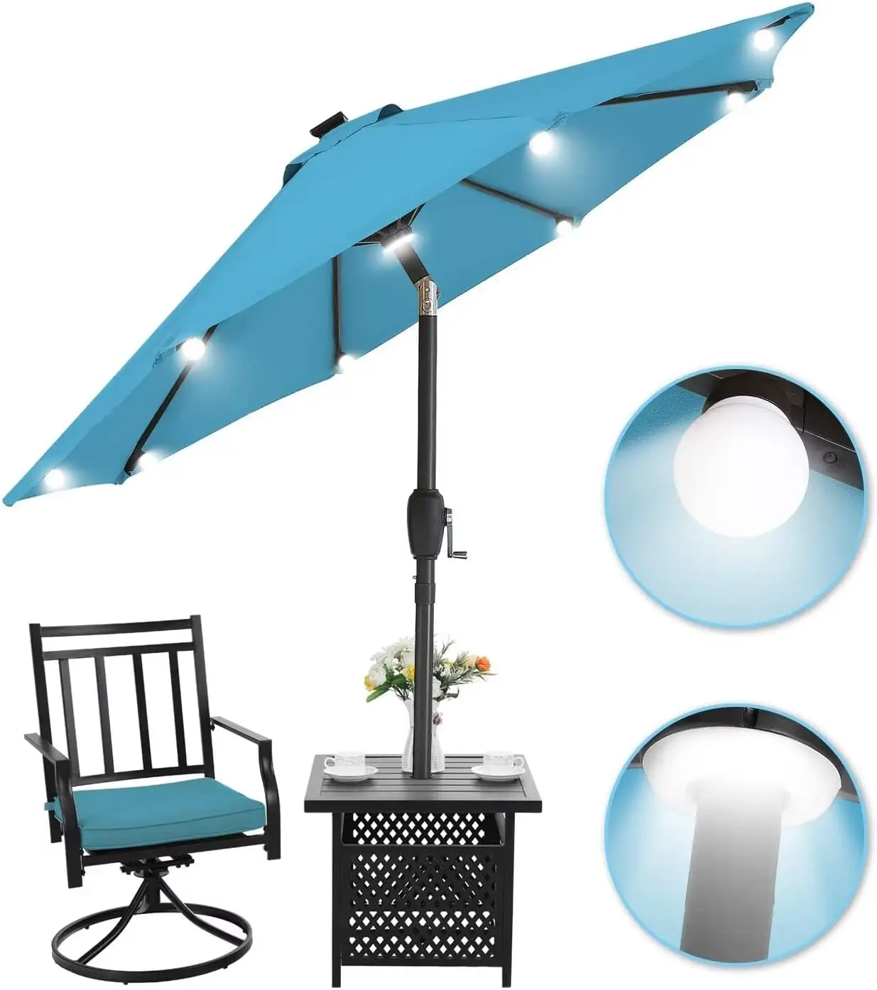 9FT Patio Umbrella Outdoor Solar Umbrella LED Umbrellas with 8LED Bulbs, Tilt and Crank Table Umbrellas for Garden, Deck