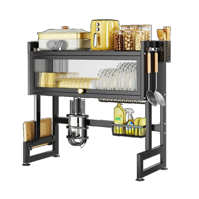 

Kitchen sink, shelf above countertop with cabinet door, dustproof, dishes, multi-functional sink, drain and wash dishes