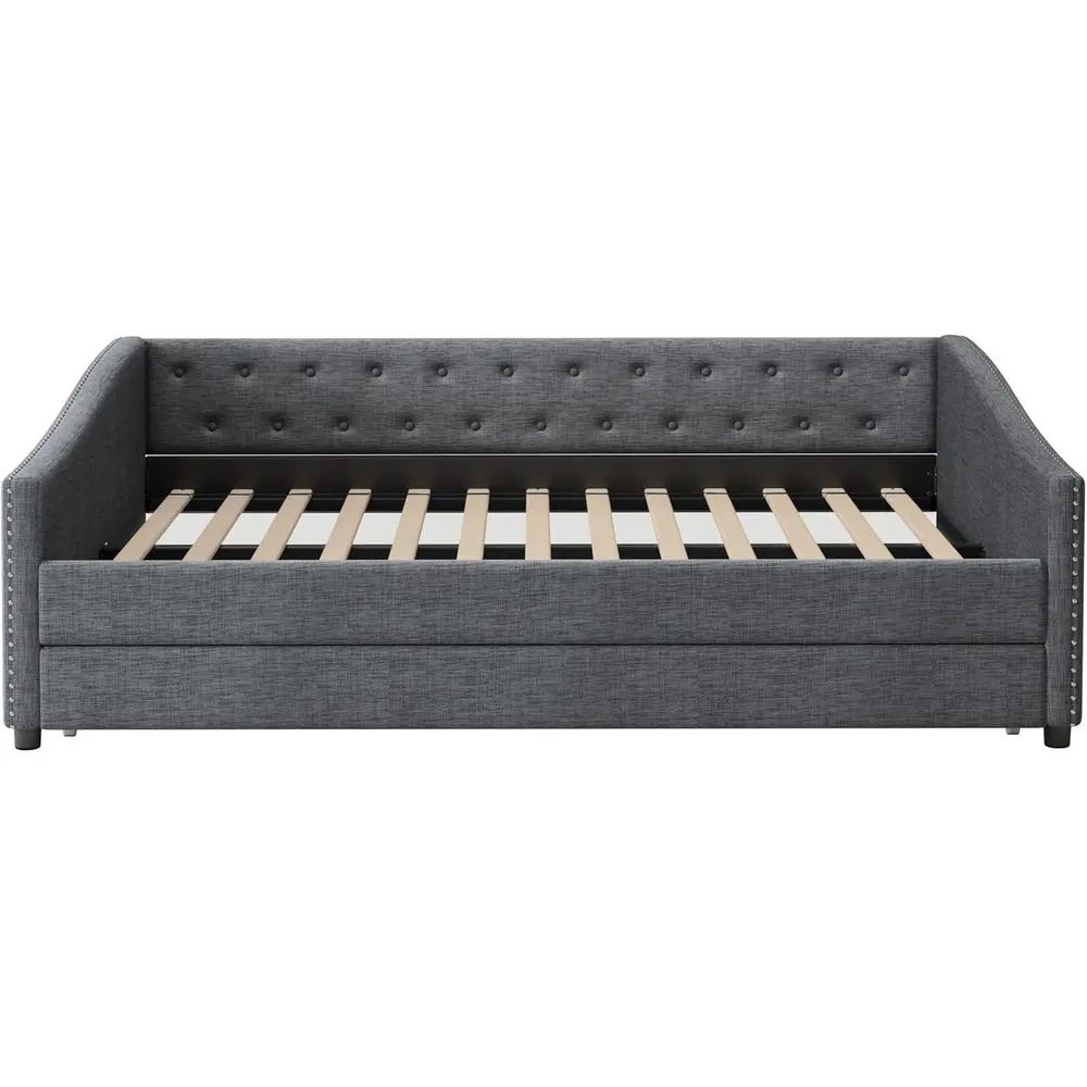 Upholstered Daybed with Trundle, Tufted Sofa Bed, Button-Tufted Back, Piping on Arms, Dark Grey, No Box Spring Needed for Bedroo