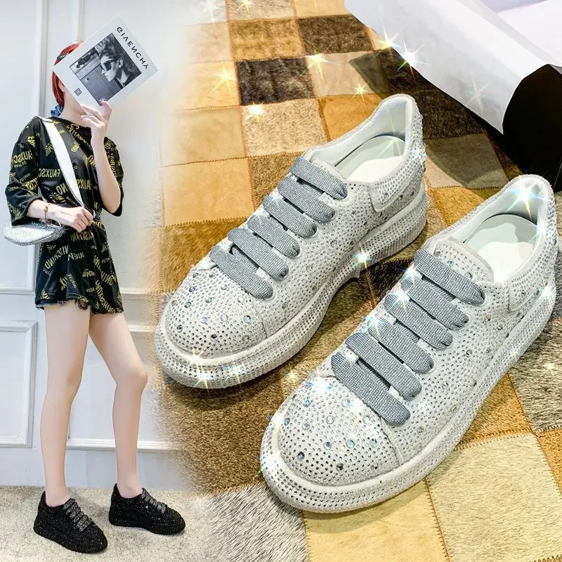 Autumn Spring New Women Platform Shoes Rhinestones Thick-soled White Silver Shoes Shining Crystal Sneakers Trend Casual Sneakers