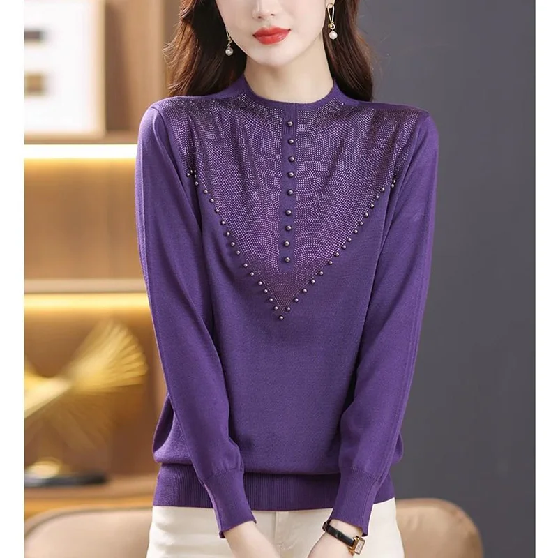 Elegant Solid Color Spliced Diamonds Beading Blouse Women's Clothing 2023 Autumn New Casual Pullovers Loose Office Lady Shirt