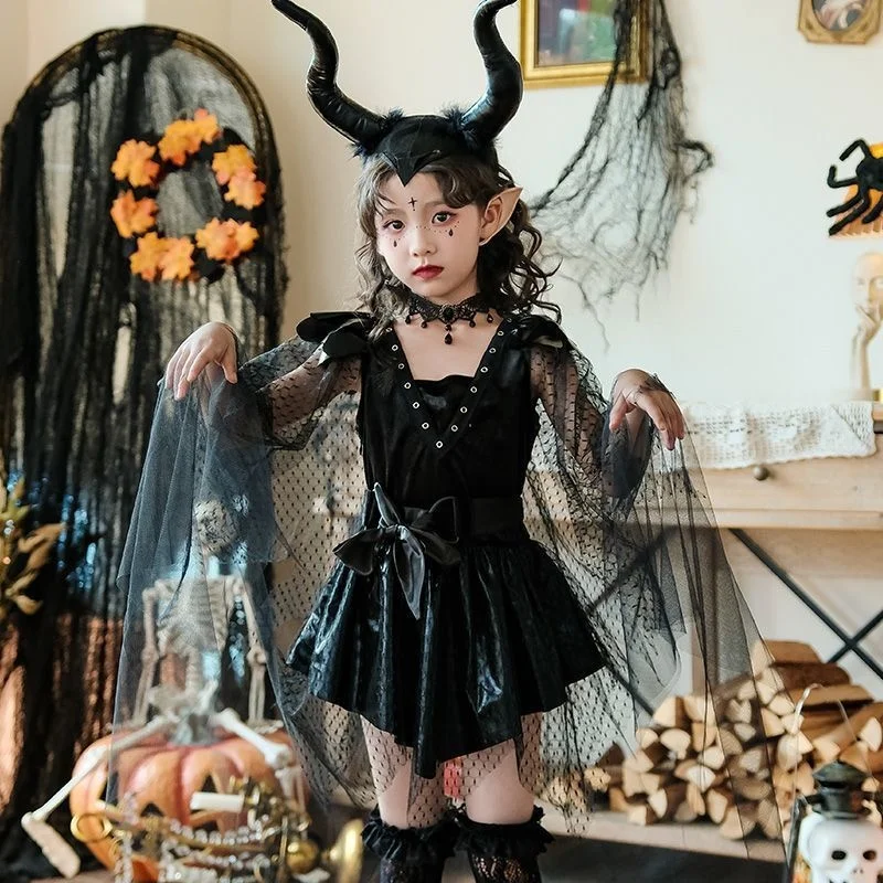 

Halloween Girls Children Cosplay Costume Demon Witch Black Outfit Gothic Role Play Stage Show Girls Vampire Dress With Demon Cap