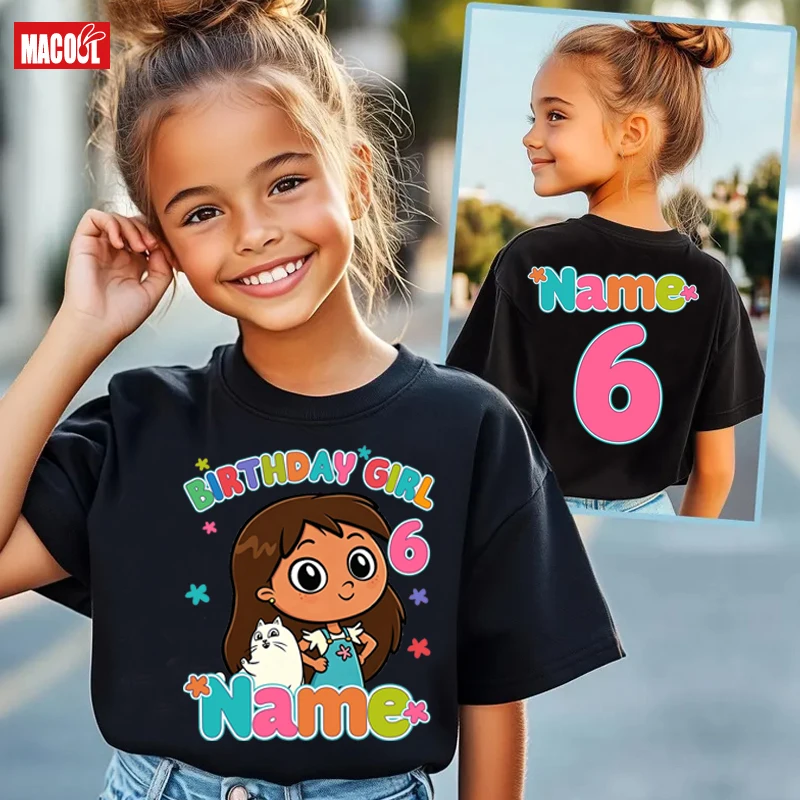 Custom Name Birthday Girl Shirt Cartoon Tshirt Personalized Kids Birthday Party Photography Outfit Girls 5th 6th 7th 4 5 7 Years
