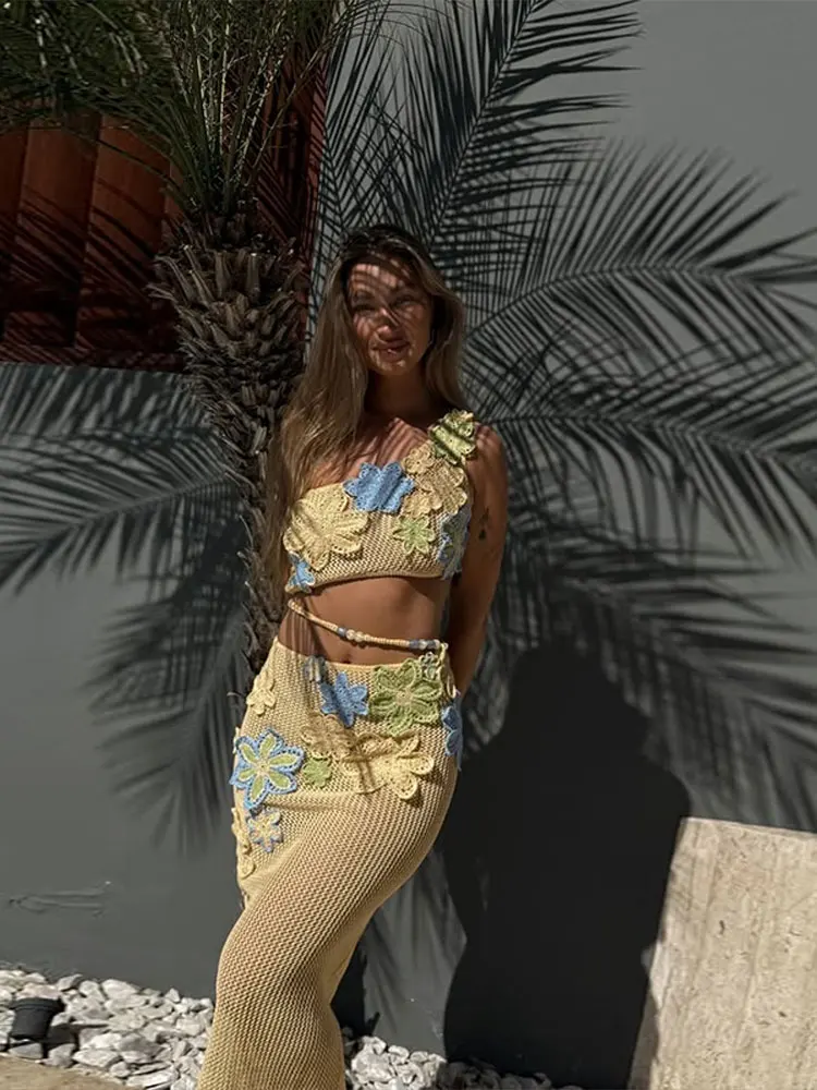crop top beach dress Sexy Women's Set Beading Flower Crochet Slim Maxi Skirt Female Suit 2025 Summer Hollow Out Knit Lady Sets weather wardrobe with the