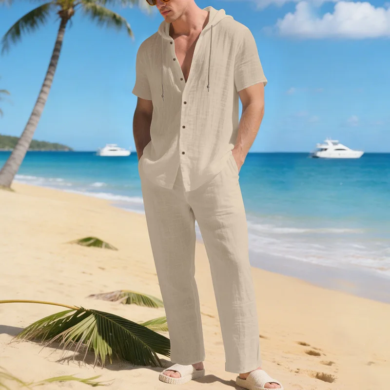 

Мужской льняной комплект: рубашка с капюшоном и короткими рукавами и длинные брюки, повседневный свободный наряд для лета