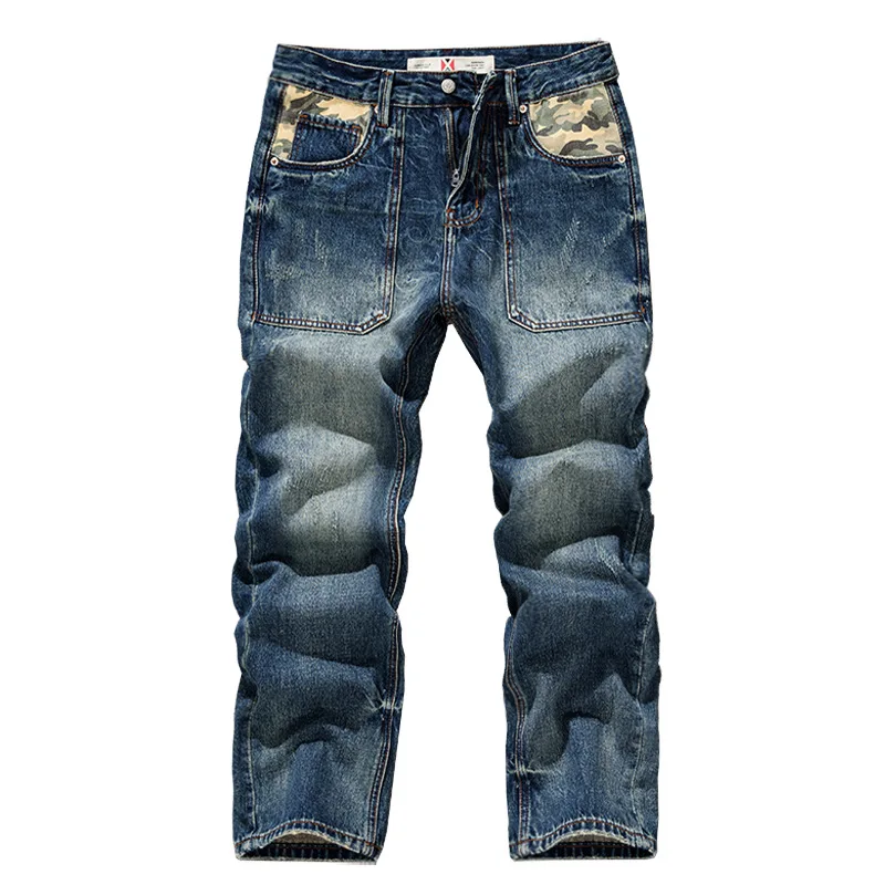 

Свободные мужские джинсы прямого кроя в японском стиле ретро, ткань с нашивкой Харлан, камуфляжная ткань, универсальные повседневные брюки