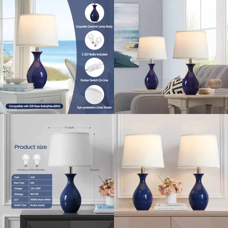 

Table Lamp Set of 2, Modern Ceramic Bedside Lamps for Night Stands, Classic Small Lamp Nightstand Lamp for Bedroom Living Room