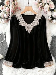 Fashion Women's Plus Size 1XL-5XL Contrast Lace Round Neck Blouse Shirt Ladies Casual Long Sleeved Solid Color Shirt