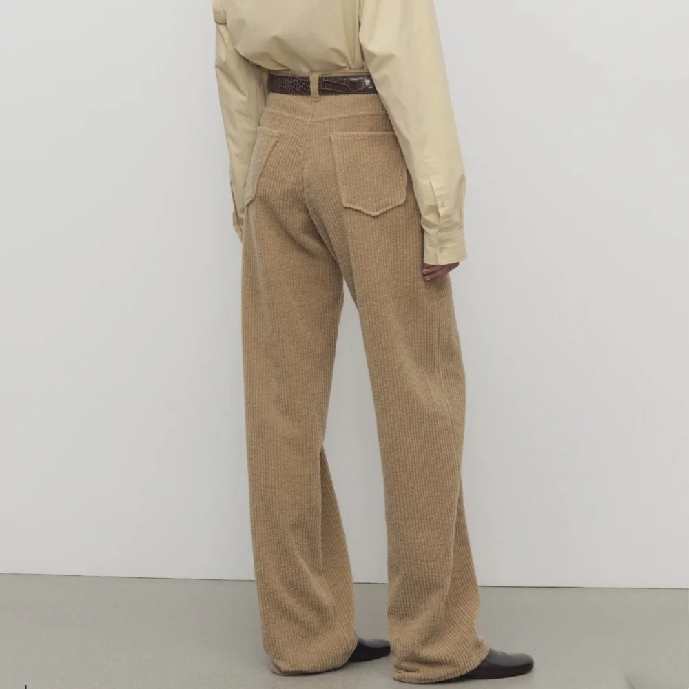 Coffee-colored High-waisted Cotton Simple and Elegant Thick Corduroy Straight-cut Casual Pants