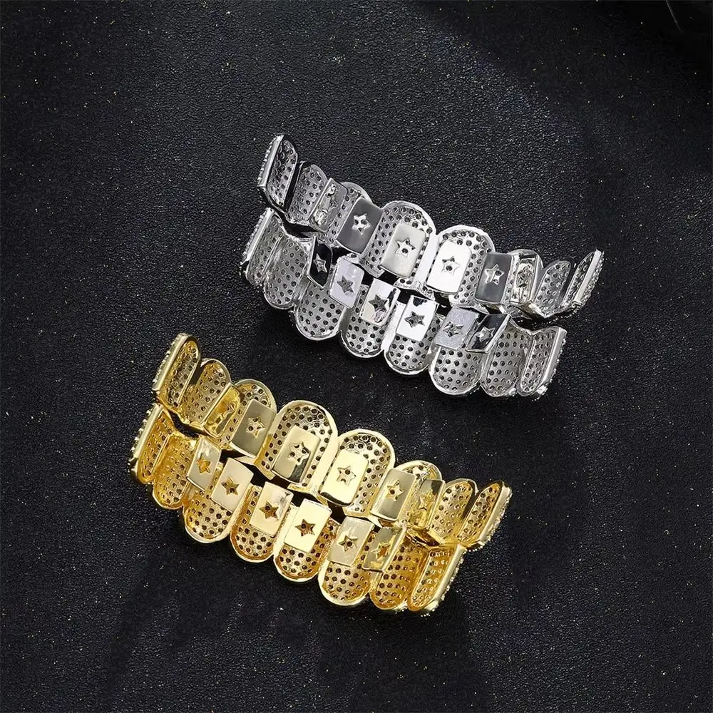 الهيب هوب الأسنان Grillz مجموعة تصميم قابل للإزالة العلوي والسفلي مجموعة شوايات الأسنان قبعات الأسنان جوفاء الزركون الهيب هوب الأسنان Grillz