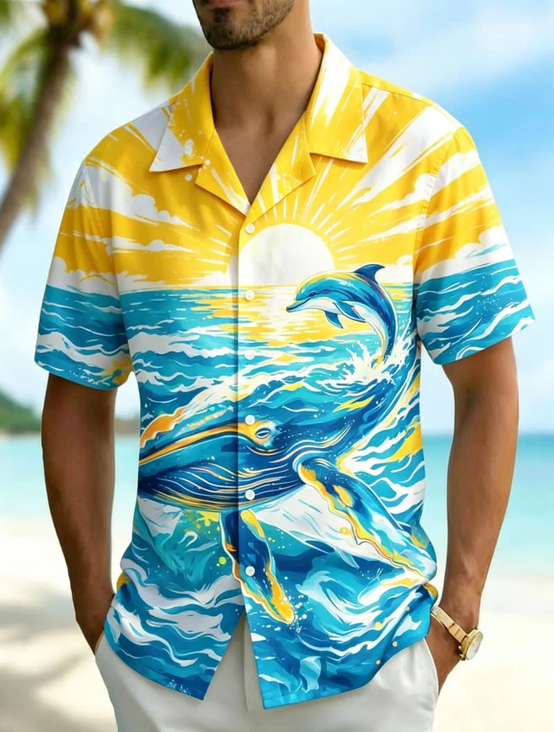 

Men's animal/divine animal themed printed Hawaiian shirt, suitable for summer vacations, beach parties, and daily wea