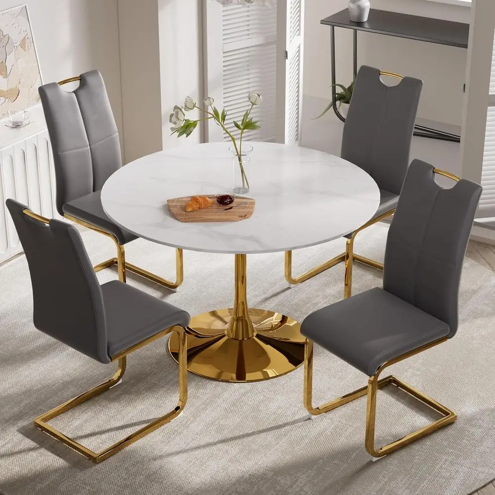 42" Round Tulip Dining Table for 4,Thick White Marble MDF Top & Gold Metal Base, Mid-Century Modern Kitchen Table for Dining Roo