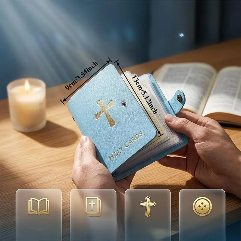 Leather Holy Prayer Card Holder Waterproof Snap Closure Large Capacity Pocket Organizer Religious Card Collection Storage Wallet