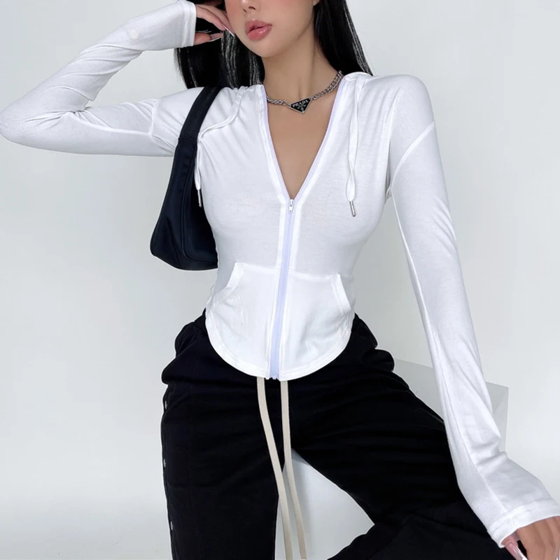 2024 Spring Summer Thin Casual Long Sleeve Skinny Zipper Hooded Cardigan Women Slim Sweatshirt Workout Korean Jacket Tops Female