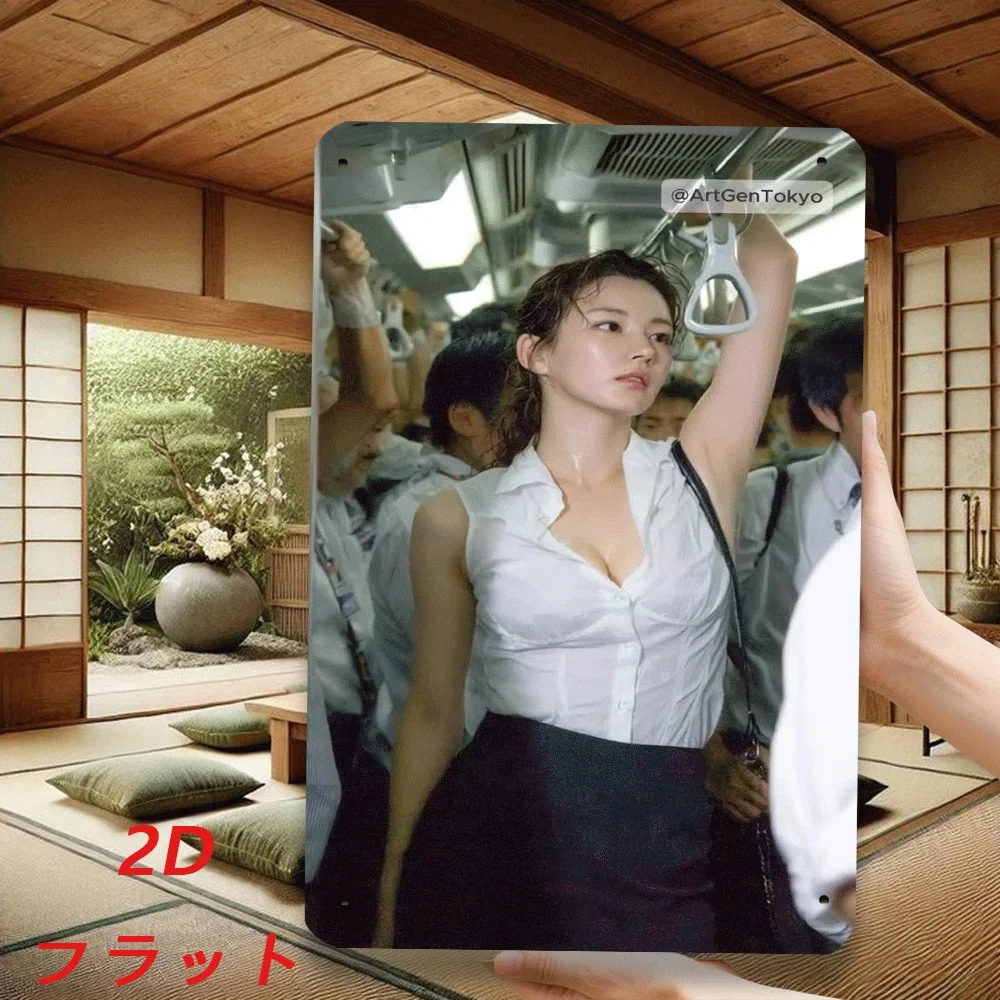 Letrero Metálico Plano 2D, Mujer Japonesa OL con Camisa Blanca y Falda Negra, Escena de Tren de Suburbios, Póster Vintage Pin Up, Arte de Pared para Hogar u Oficina