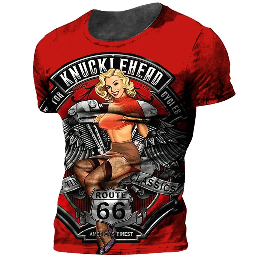 

Men's retro motorcycle T-shirt, 3D racing girl short sleeved T-shirt, street fashion oversized men's 2023