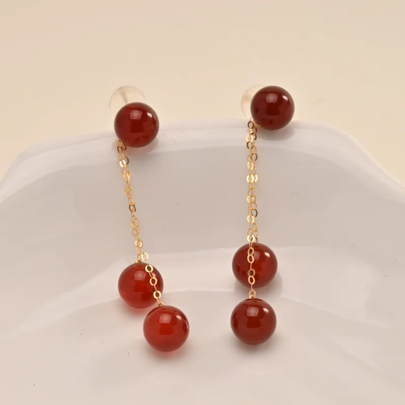 18k yellow gold Earrings natural red  agate au750 drop long wedding party gift for women E1011