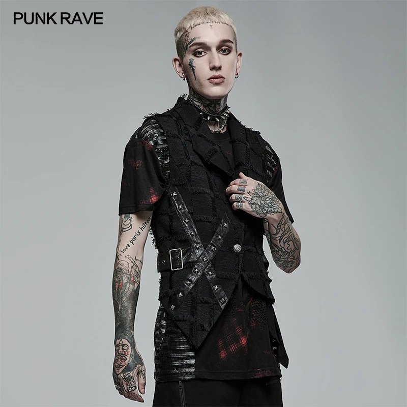 Punk Rave Black Rock Men\'s Gothic Asymmetric Vest WY1377,Bold hollow out design at the back