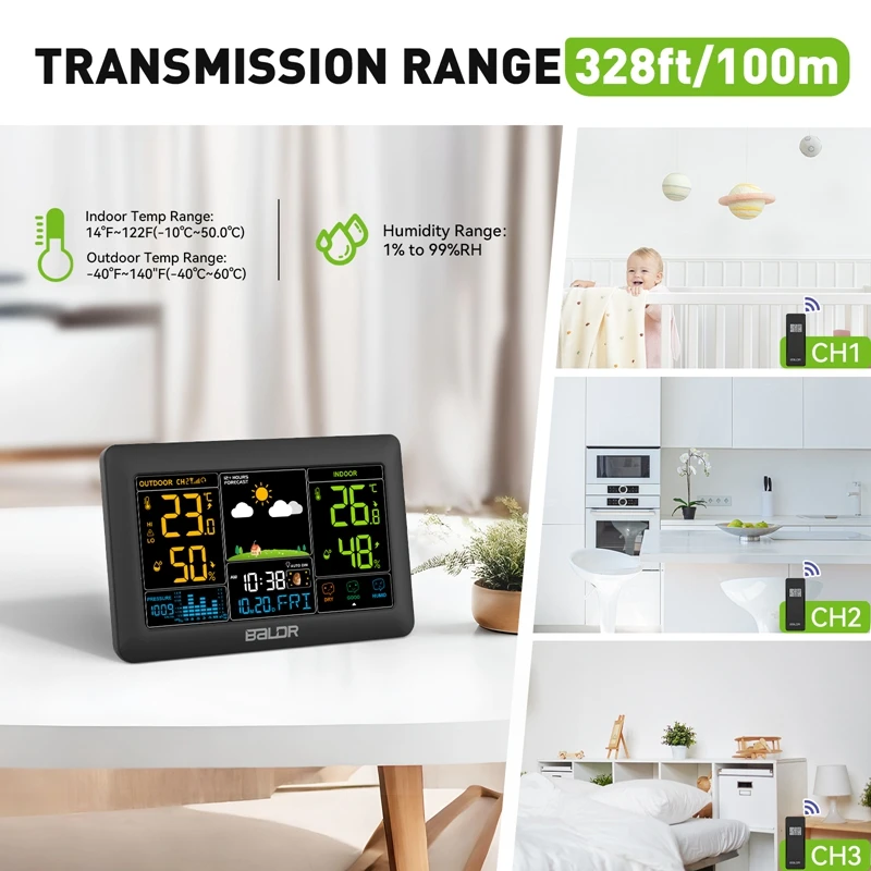 BALDR Wireless LCD Weather Station Home Thermometer Hygrometer Auto Alarm Clock Moon Phase Air Pressure Remote Forecast Sensor