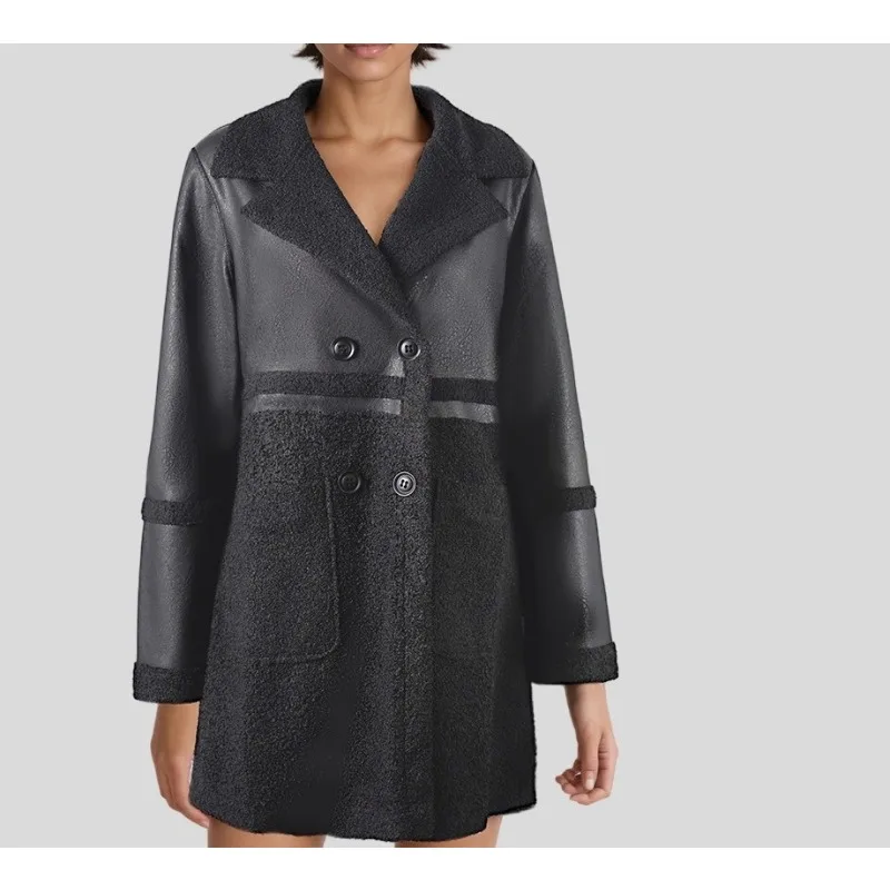 

2025 Mid-length Women's Leather Jacket Spliced with Retro Reversible Wear of Fleece and Thickened Fur Integrated Jacket