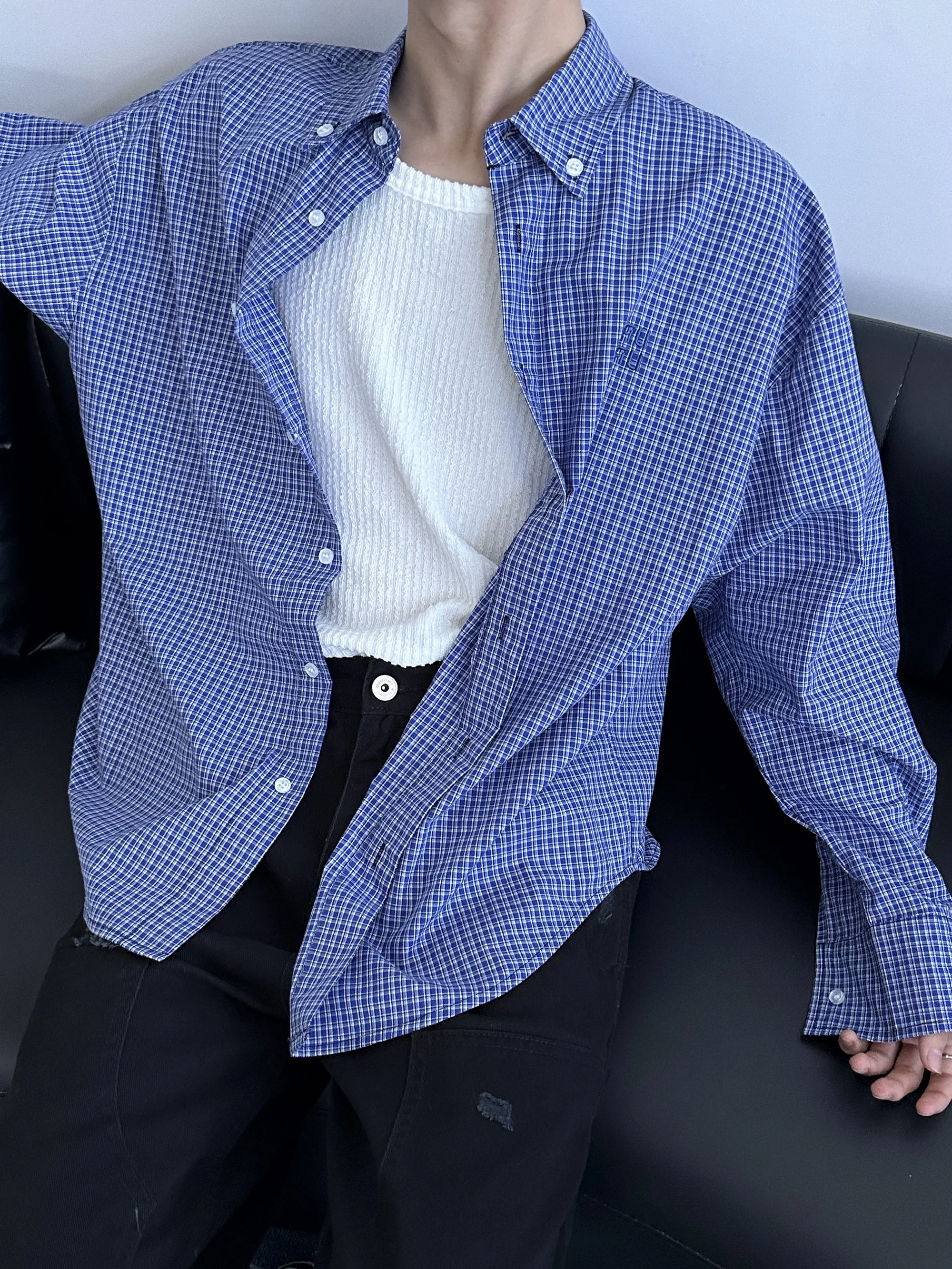 

American Retro Lazy Blue Plaid Long Sleeve Men's Shirt Casual Embroidered Loose Fit Fashionable Everyday Wear All Seasons