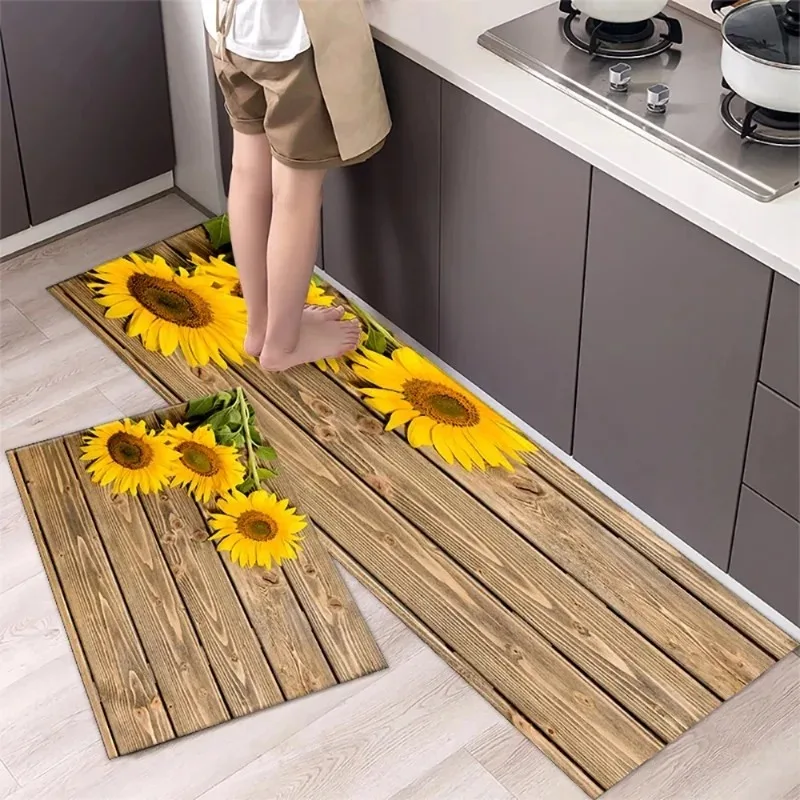 Küchenmatten-Set mit Sonnenblumen-Holzmaserung, langlebiger Bodenteppich für die Dekoration im Eingangsbereich, leicht zu reinigende lange Läufermatte