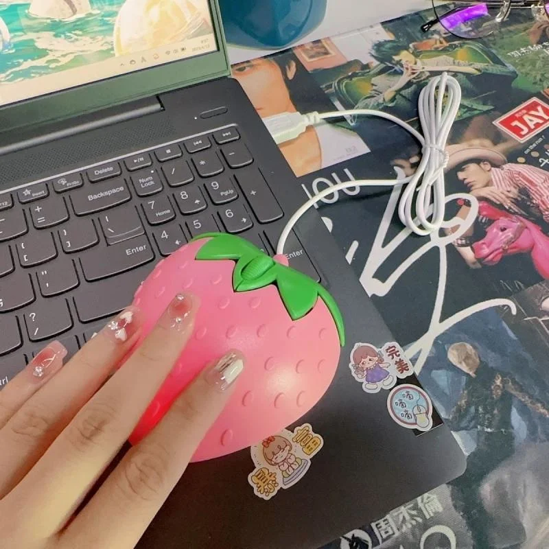 New Cute Pink Strawberry Wired Mouse USB Small Optical PC Computer Game Mouse Girls Gift Mause For Office Laptop Desktop