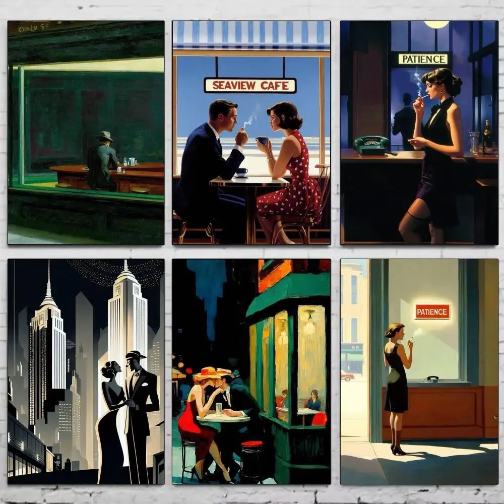 1 Stück Edward Hopper City Poster selbstklebende Kunst wasserdichtes Papier Aufkleber Kaffeehaus Bar Zimmer Wanddekoration