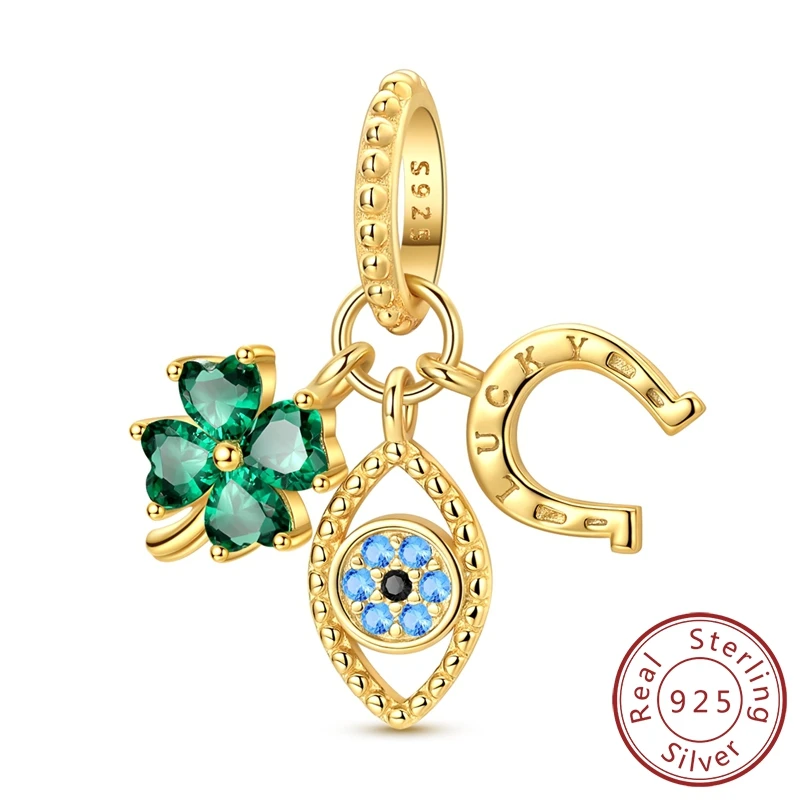 

Стерлингового Серебра 925, золотой клевер, подвески, цирконий, голубые глаза, подвеска в виде подковы, подходит для оригинального браслета, женские ювелирные изделия, подарок