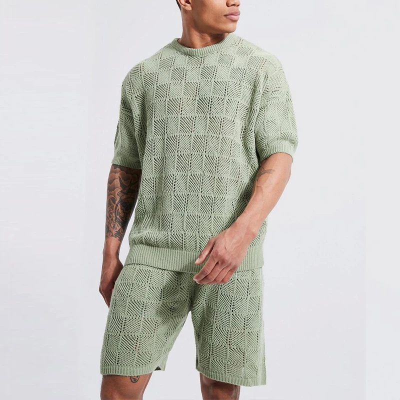 

Fashion Hollow Out Solid Color Knit Men's Two Piece Sets Summer Casual Short Sleeve O Neck Tee And Shorts Suits Men Streetwear