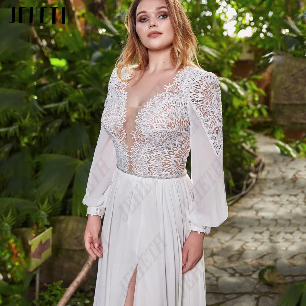 Jeheth elegante vestido de novia de manga esponjosa aumento de tamaño vestido de novia femeniJEHETH-vestidos de novia elegantes con mangas abullonadas para mujer, talla grande, cuello en V, cordones, corte en a lateral