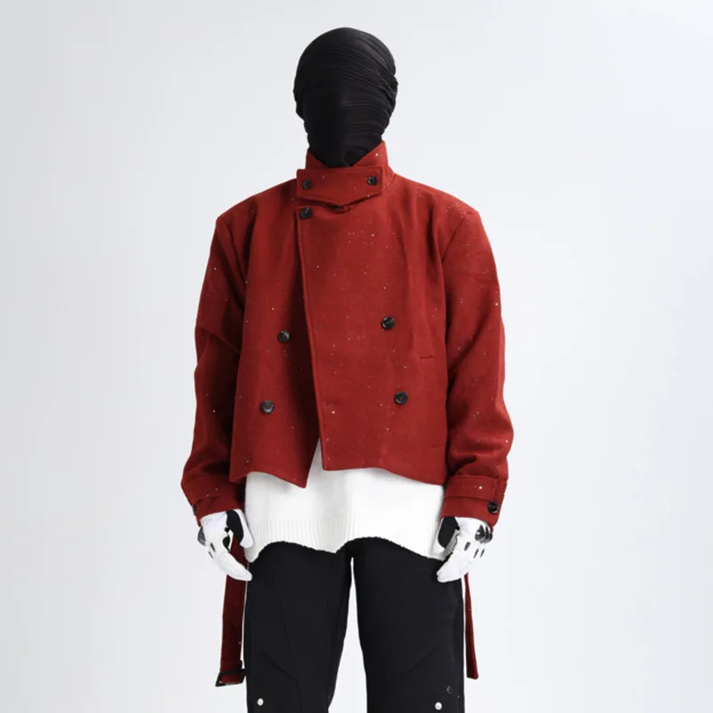 HKSH Autumn Winter New Men Niche Stand Collar Double Breasted Lace-Up Short Jacket Trend Dark Style Textured Design Coat HK16329