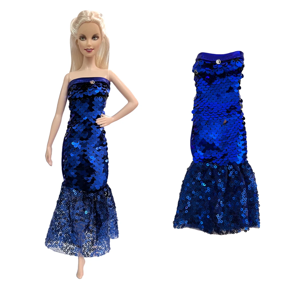 NK 1  Pcs Fashion Blue  Dress Glitter Sequins Mermaid Dress Clothes  for Barbie Doll Accessories for Girl'  1/6 Doll Toys