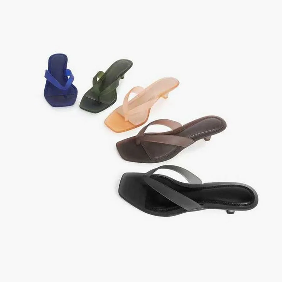 Korean Muted Tone Olive Green PVC Thong Sandals Women Clear Slim Kitten Heel Square Toe Backless Shoes Green Casual Flip Flops view 6