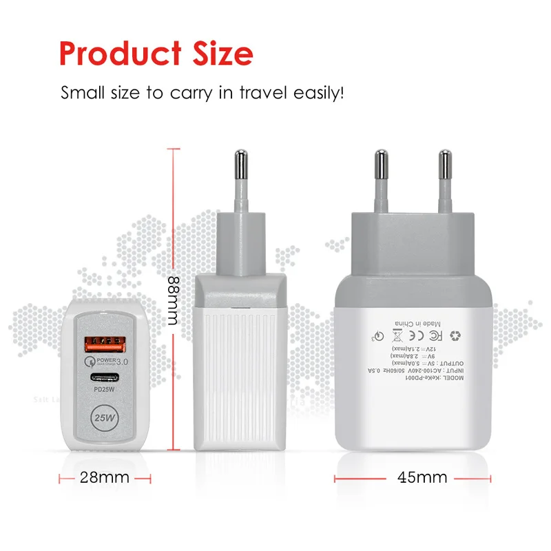 PD 25W 5V/5A 9V/2.8A 12V/2.1A EU/US/UK Plug LED Light 2 Ports USB Adapter Wall Charger   Fast Quick Charge QC 3.0 Mobile Phone