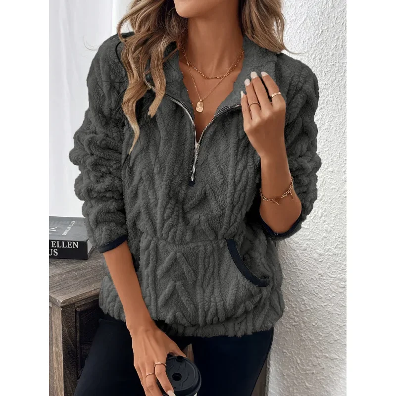 

Casual Solid Color Half-open Collar Pullover Tops For Female Fashion Long Sleeves Pocket Sweatshirt Autumn Winter Ladies Hoodie