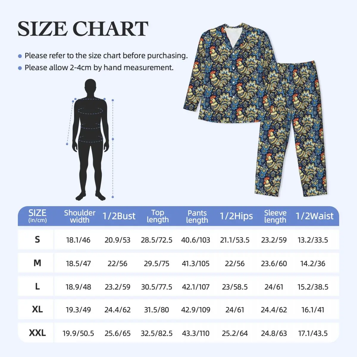 Arte popular galinhas conjunto de pijama galo floral bonito macio pijamas unisex mangas compridas vintage sono 2 peças pijamas tamanho grande