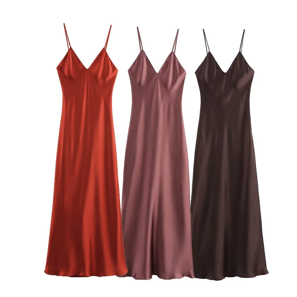 2025 BM&MD&ZA Women's Satin Slip Dresses in Stunning Red Mauve and Dark Brown for a Touch of Elegance