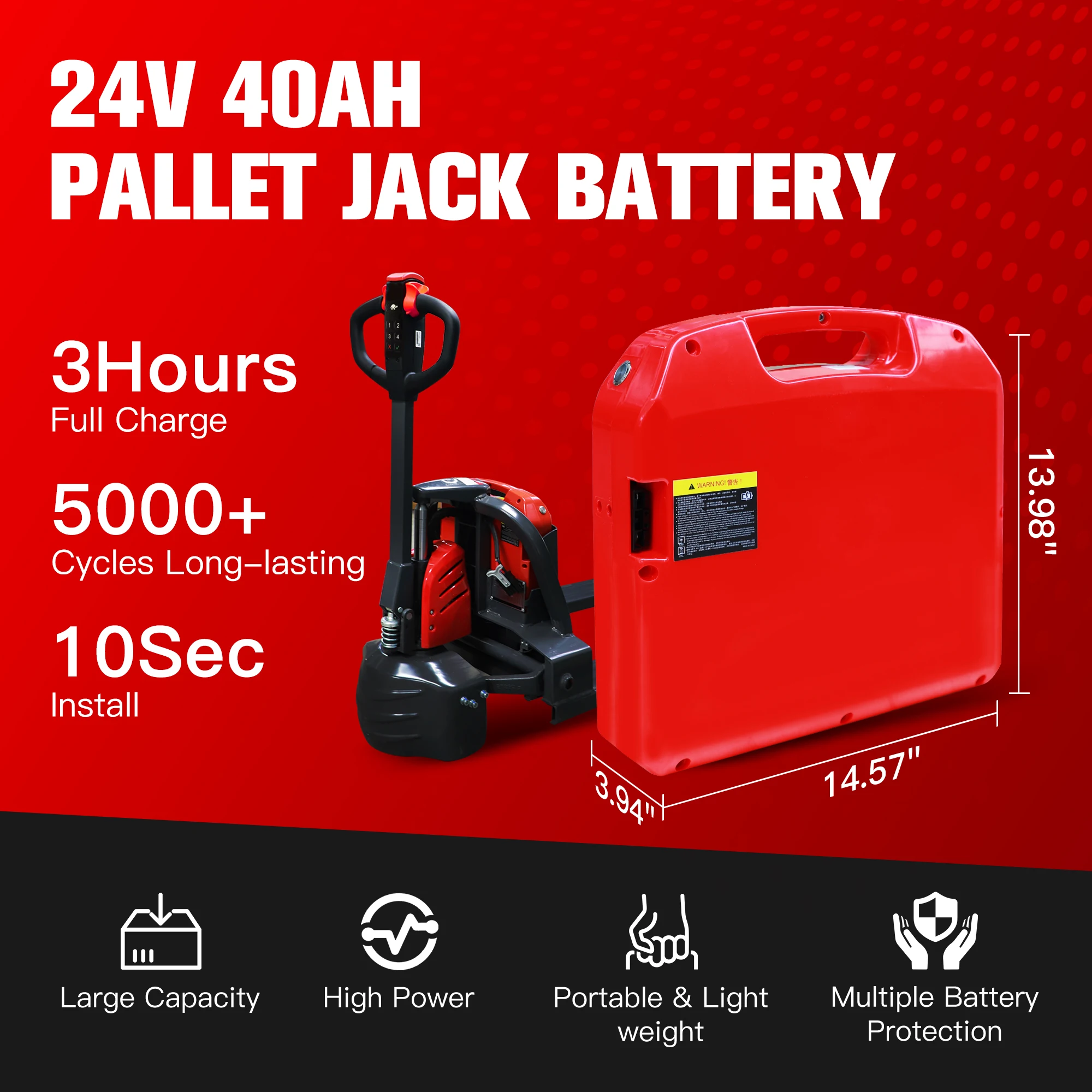 

24V 40Ah Lifepo4 Lithium Battery for Pallet Jack Truck, for Heli/JIALIFT CBD15J-LI-S LI3, LONKING CBD15-E1C1L, JAC, Tailift