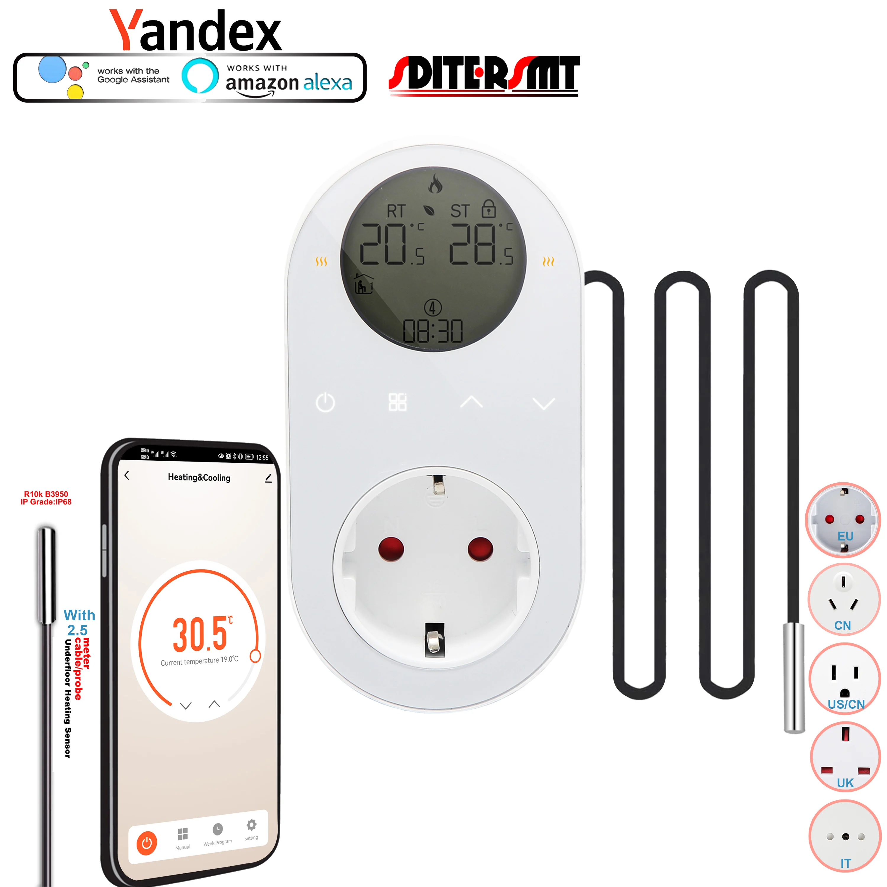 Plug-In ชั้นเครื่องทำความร้อน Dual Sensor WIFI Digital LED/LCD °C/°F สวิทช์รายสัปดาห์ EU,UK,CN,US,FR,ซ็อกเก็ต