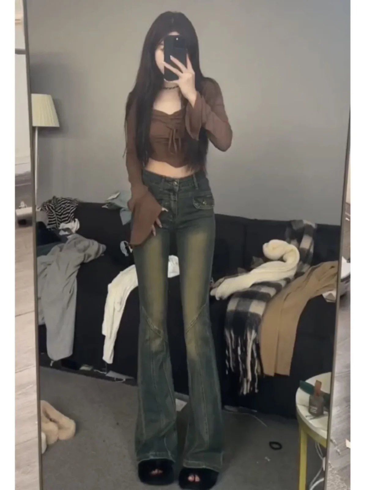 

Retro American Bell Bottom Jeans Women's Autumn Winter plus Size High Waist Slim Straight Long Trousers Vintage Style