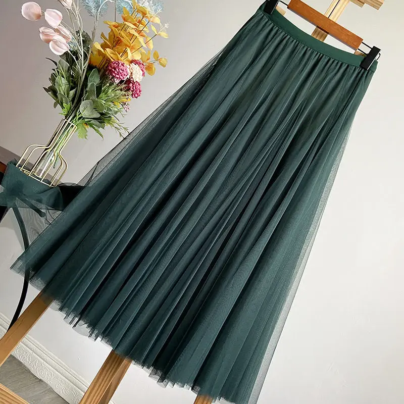 2024 Spring Sheer Pleated Long Skirt for Women Summer Solid Color High Waisted Chiffon Long Skirt for Elegant Women P736