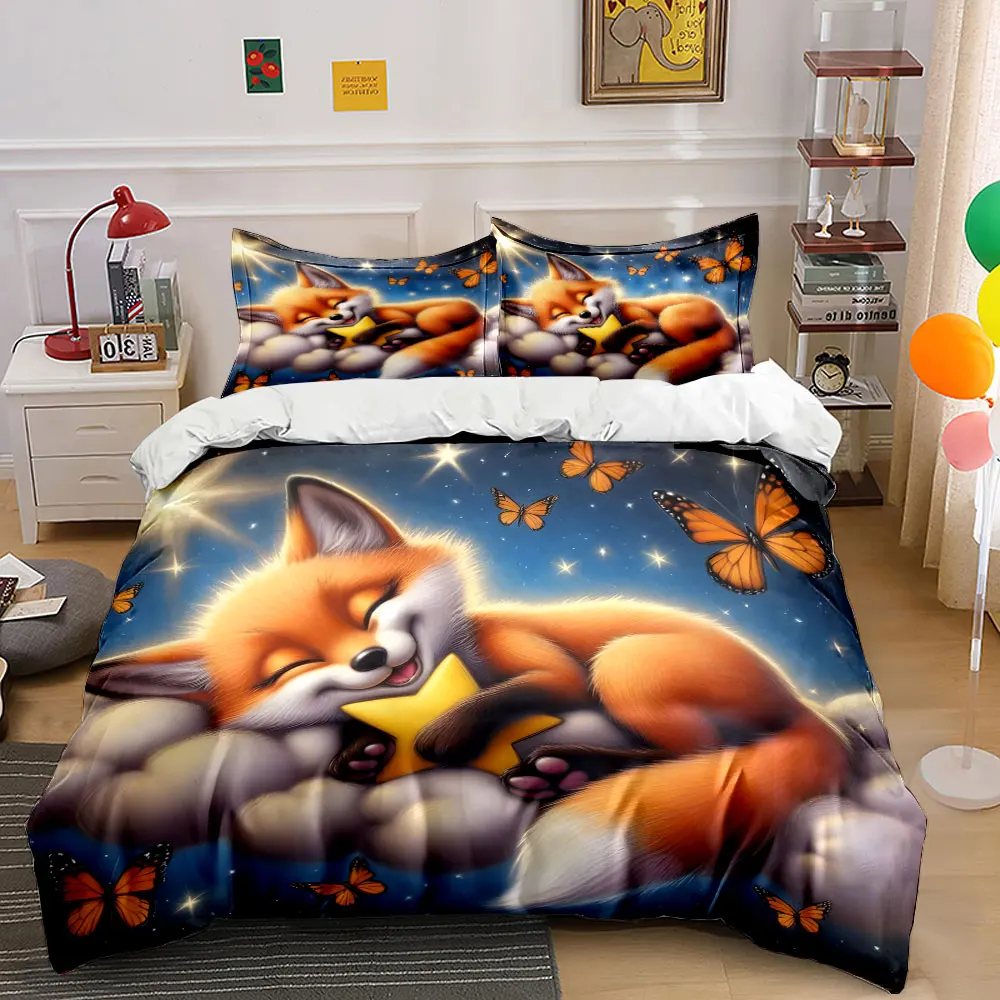 The little fox butterfly sleeping on the cloud Printed Duvet Cover Set1 Duvet Cover+2 PillowcaseMulti Size Bedroom Bedding Decor