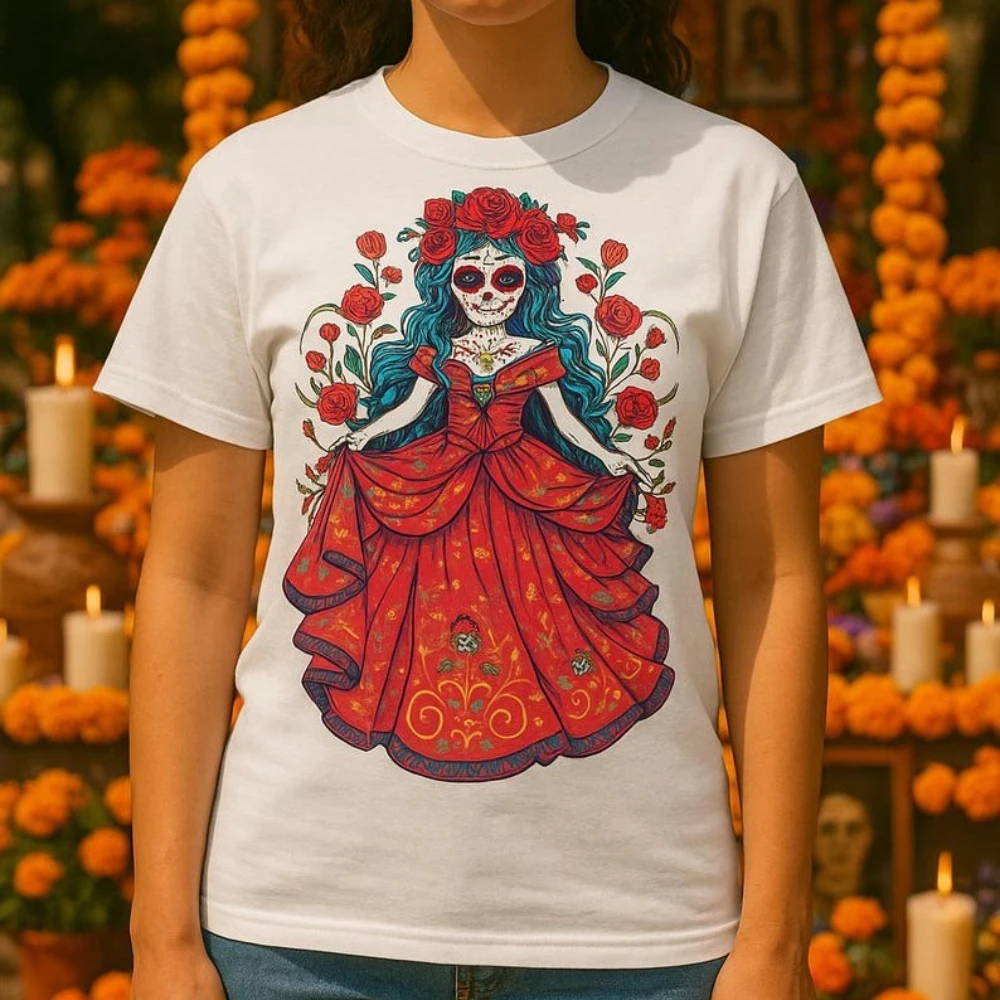 

Catrina Dress T-Shirt Día De Los Muertos Sugar Skull Woman Tee Mexican Day of The Dead Calavera Shirt Unisex Festival Costumes